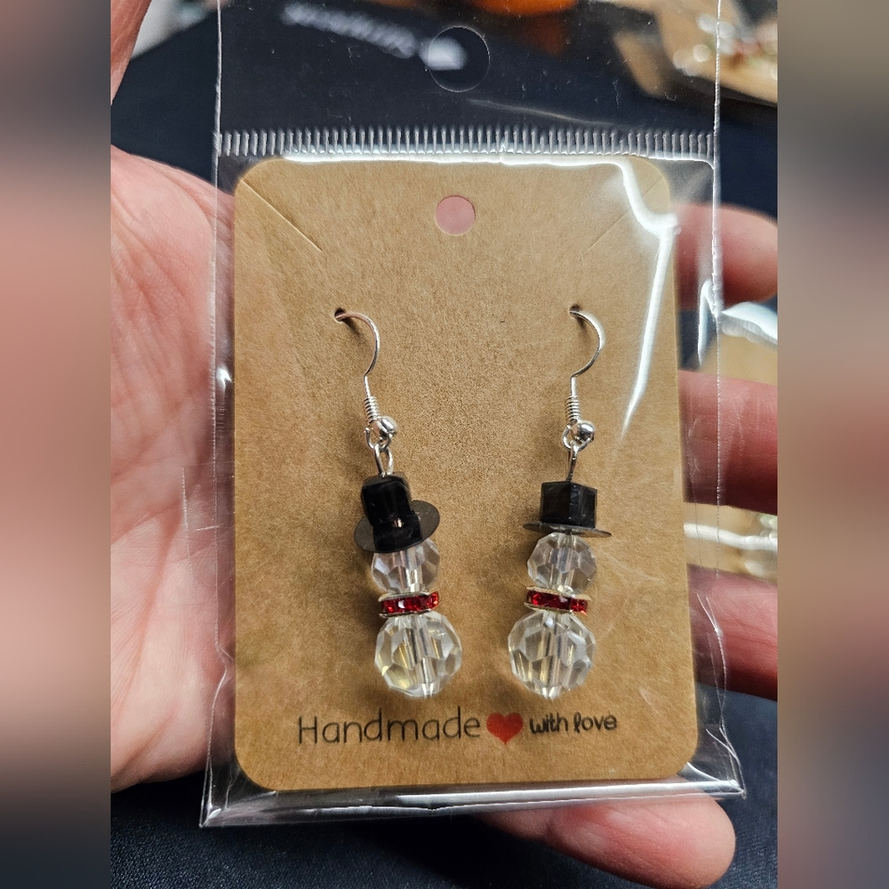Snowman Earrings Red, Black, Clear Crystals w/Hypoallergenic Hooks New